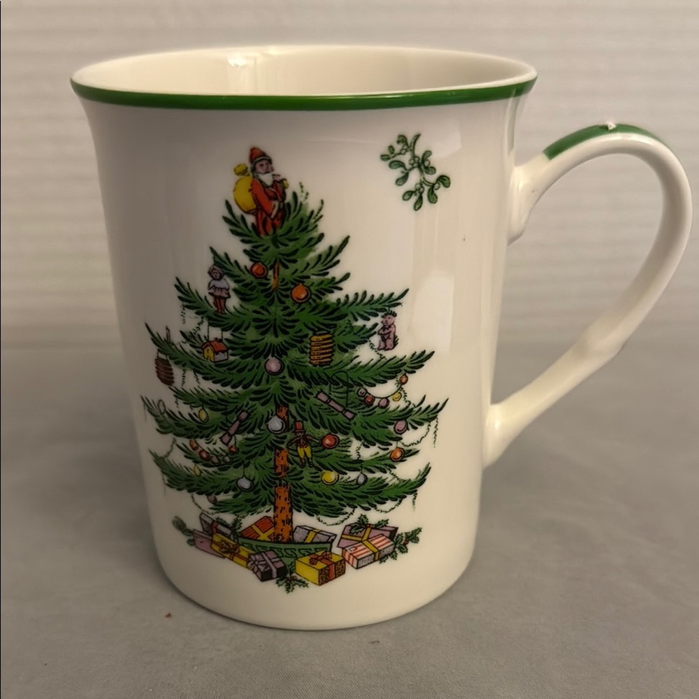 Spode Christmas Tree Mug Cup with Green Trim Gifts Under Tree Festive Nostalgic